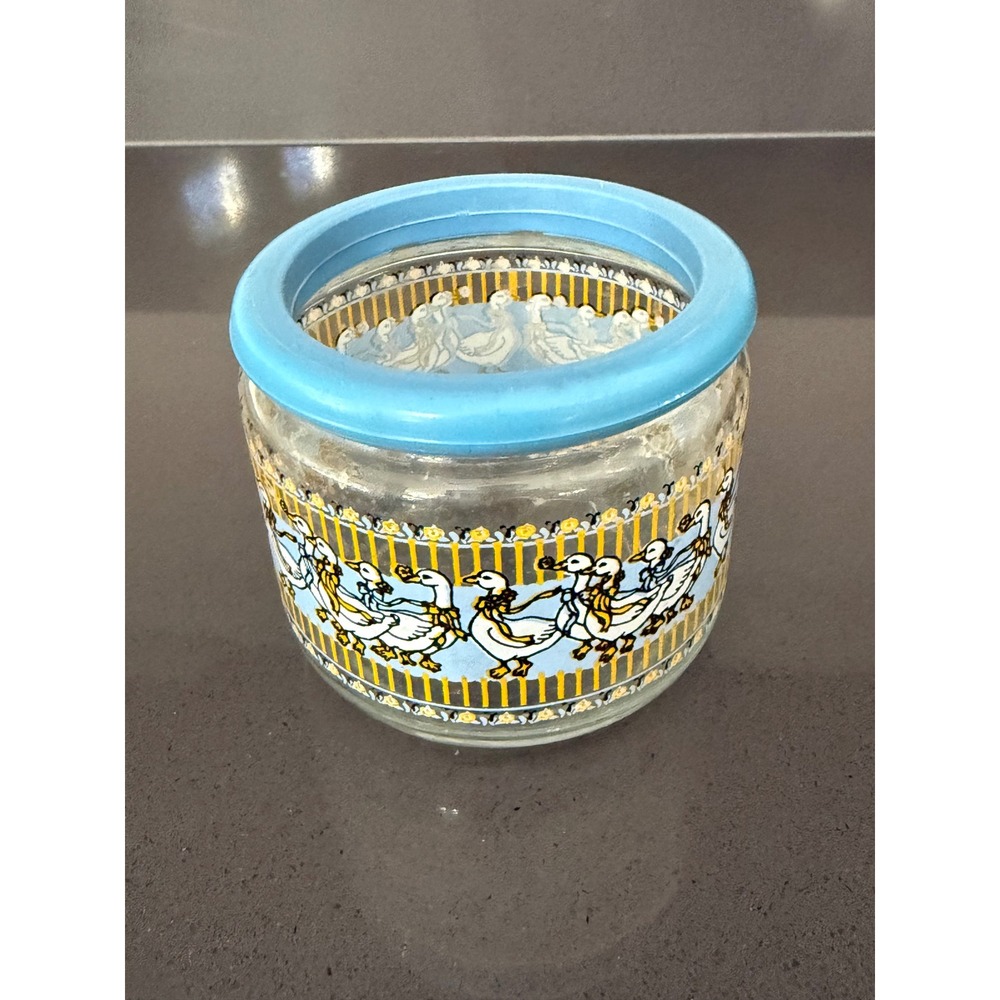 Vintage Glass Goose Canister Jar with Blue Lid Country Kitchen Decor Geese Bows